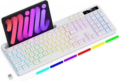 Wireless Keyboard with 7-Color RGB Backlit, Full-Size Computer White - Image 1 of 4