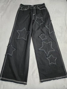 Hot Topic Black Frayed Star Patch Wide Leg Baggy Pants Womens Size 11 Gothic Y2K - Picture 1 of 12