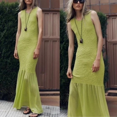 Zara Blogger Favorite Green Textured Combined Knit Sleeveless Maxi Dress Size M - Image 1 of 4