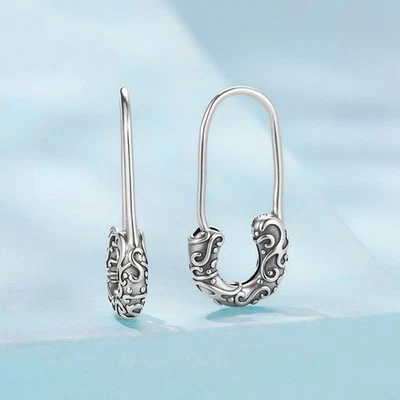 Men Women Retro Safety Pin Hoop Sterling Silver 925 Earrings F1344 - Image 1 of 4