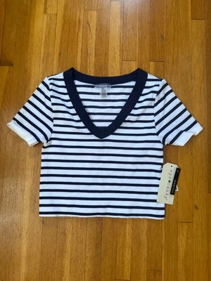 NWT Eye Candy Boho Knit Top Cropped T Shirt Blouse Short Sl S/M Junior Striped - Image 1 of 3