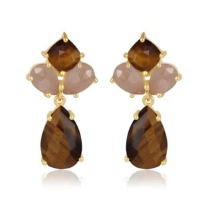 Double Birthstone Earrings Gold Plated Tiger Eye & Chalcedony Healing Jewelry - Picture 1 of 8