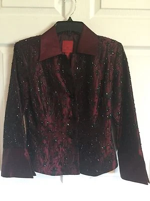 J. S. Collections Woman's 4 Formal Christmas Evening Jacket Maroon Beaded F&B - - Image 1 of 4