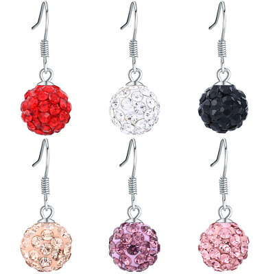 925 Sterling Silver Crystal Disco Ball Round Dangle Drop Earrings 10mm Gift Box • 9.95€