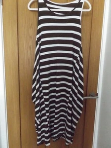 Lagenlook olive khaki white striped stretch jersey sleeveless summer dress M - Picture 1 of 4