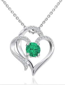 Double Heart CZ Green Emerald May Birthstone Pendant Necklace Sterling Silver - Picture 1 of 7