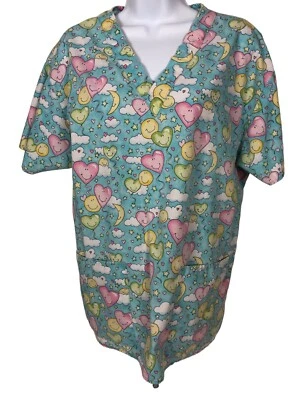 Crest Womens Scrub Top Size M Blue with Pink Yellow Smiley Hearts Moons Pockets - Image 1 of 4