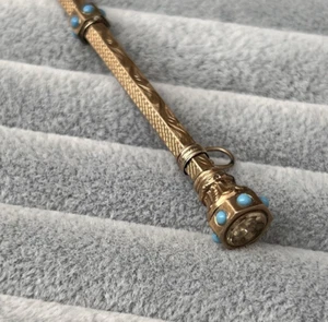 Vtg Antique Telescoping Mechanical Pencil, Turquoise Cabs Gold Filled Chatelaine - Picture 1 of 23