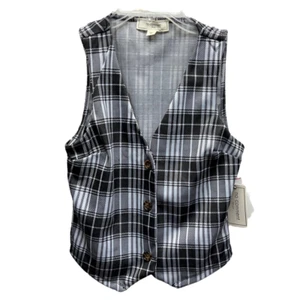 No Comment Womens Vest Multicolor Black Plaid Waist Length Buttons V Neck S New - Picture 1 of 8