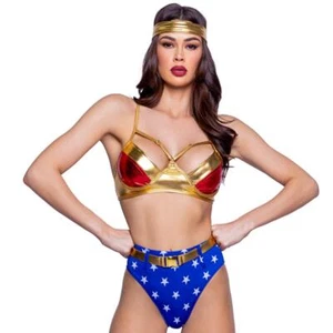 Wonder Woman Costume Set Metallic Bra Top Star Print Shorts Headband Belt 6363 - Picture 1 of 5