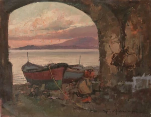 G. MARIANI Signed Vtg MidCentury cLt 1950s Italian Painting SUNSET HARBOR SCENE - Picture 1 of 1