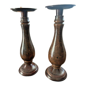 Pair of Farmhouse Distressed Wood/Metal Black Candlestick Holders 11.5” - Rustic