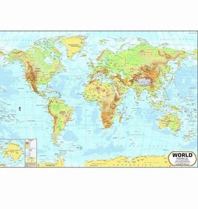 World Physical Map | 100 x 140 cm | LAMINATED | BIG MAP - Picture 1 of 2