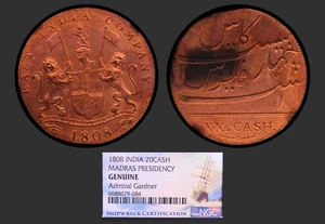 1808 India Madras 20 Cash Admiral Gardner Shipwreck Coin AMAZING COLOR #084 - Picture 1 of 3