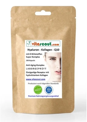 WWW.VITASCOUT.COM Hyaluron Kollagen Q10 Komplex 200 Kapseln – Vitamin C, Biotin Zink Selen Mangan