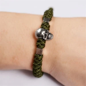 Men's Skull Bracelet 999 Sterling Silver Bangles Handwoven Adjustable Rope - Picture 1 of 9
