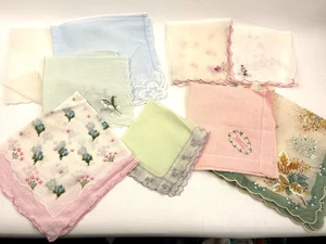 9 Vtg Handkerchief Lot Floral Embroidered Hankies Cotton Linen Scalloped Edges  - Picture 1 of 6