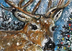ORIGINAL ACEO Deer Painting BUCK Winter Snow Animal Landscape Xmas Tree ATC ART - Afbeelding 1 van 1