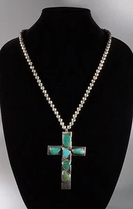 Vintage Old Pawn Sterling Silver Turquoise Cross Pendant Navajo Pearls Necklace - Picture 1 of 12