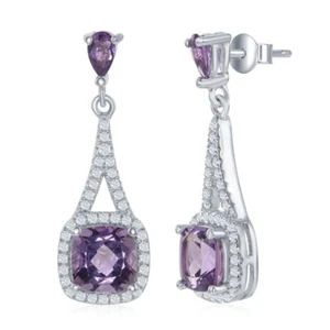 Women's Earrings Sterling Silver Purple Square Amethyst, Post Back - Picture 1 of 1