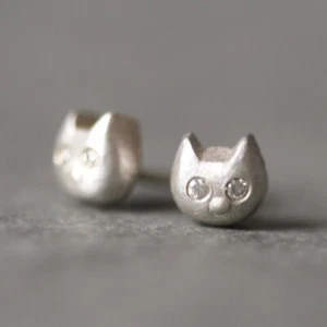 Baby Kitten Stud Earrings With Diamonds in Sterling Silver Poodle Earrings studs - Picture 1 of 2