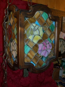 LARGE RUSTIC CEILING LIGHT Fixture With Stained Glass And Wood..4 SIDES - Picture 1 of 7