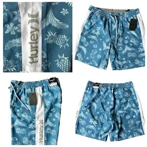 Hurley Volly Mens Floral Print Light Blue Elastic Waistband Swim Trunks Sz L - Picture 1 of 10