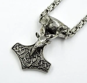 XL Edelstahl Thor Hammer Wikinger Anhänger Silber Schwarz Königskette Ziegenbock - Bild 1 von 5