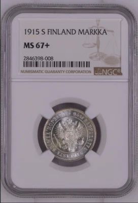💎!!! 1915 S Russia Finland 1 Markka NGC MS67+ Superb Gem Brilliant Uncirculated - Image 1 of 2