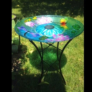 Handpainted Dragonfly Glass Birdbath with Solar Powered LED Lights Multi - Picture 1 of 7
