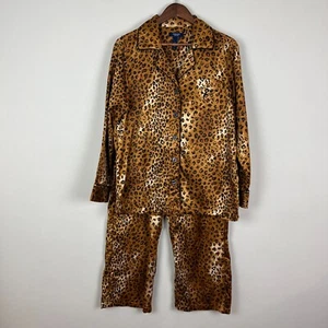 Chaps Pajama Set Womens Large Leopard Embroidered Pocket 2 Piece PJs Shirt Pants - Picture 1 of 19