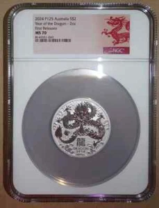 2024 P Australia Silver Lunar Year of the Dragon 2oz $2 Coin NGC MS70 FR Series3 - Picture 1 of 2