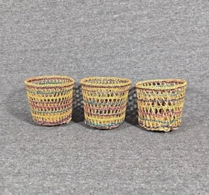 Vintage Woven Wicker Rattan Baskets Cup Glass Holder Boho Multicolor set of 3 - Picture 1 of 15