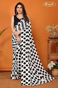 Party Wear Saree Black & White Polka Dot Printed Indian Pakistani Designer Sari - Picture 1 of 6