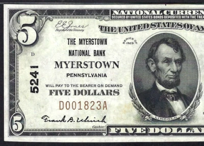 PA 1929 $5  ❀❀MYERSTOWN, PENNSYLVANIA❀❀  PMG EF 40 VERY PRETTY - Image 1 of 3