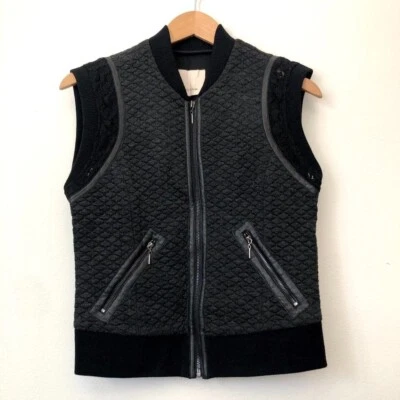 REBECCA TAYLOR Black Quilted Bomber Vest Faux Leather Lace Trim Full Zip Small ? - Image 1 of 4