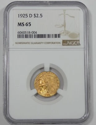 1925-D GOLD Indian Head $2.50 Quarter Eagle CERTIFIED NGC MS 65 - Image 1 of 4