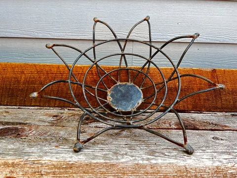 Antique Heavy Wire Metal Wrought Iron Basket Bowl Vintage Unique Cover