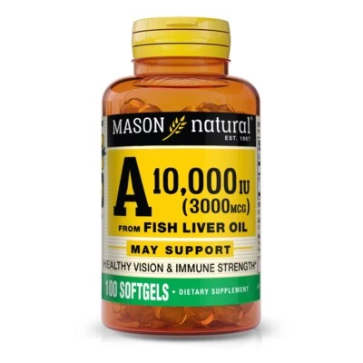 VITAMINA A 10000 UI 100 de cápsulas blandas de aceite de hígado de pescado SALUD OCULAR APOYO INMUNOLÓGICO Foto 1 de 3