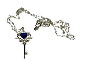 Sterling Silver Pendant Necklace 925 Jewellery Key Heart Blue Glass CZ 2.10g - Picture 1 of 14