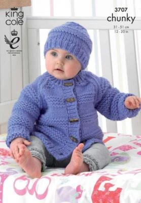 King Cole Chunky Knitting Pattern Jacket Hat and Mittens 3707 - Image 1 of 2