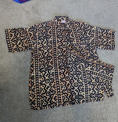 Orange Mayan Jaguar Print Summer Beach Shirt Size L - Hand Sewn - Image 1 of 4