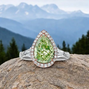 Women 14k Multi Gold Ring IGI Fancy Intense Green Pear 2.4 Ct Lab Grown Diamond - Picture 1 of 14