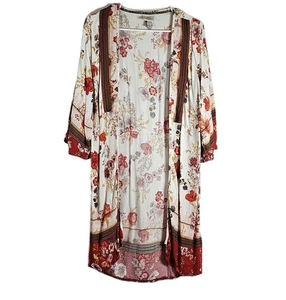 KNOX ROSE Ladies Large KIMONO COVER-UP Jacket White Floral Boho Open Front EUC  - Picture 1 of 8