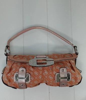 Vintage Y2K Guess Monogram Bling Big Logo Buckle Salmon Peach Snap Shoulder Bag - Image 1 of 4