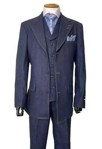 Men's 100% Cotton Denim Jean Suit Vested Double contrast stitching Navy 38R~56L - Picture 1 of 5