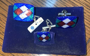 Gemelos y clip de corbata vintage Sun Eagle Shippo esmalte Cloisonne en estuche japonés - Imagen 1 de 3