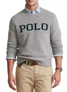 Suéter tejido POLO RALPH LAUREN gris moteado logotipo mezcla lana nuevo con etiquetas - Imagen 1 de 8