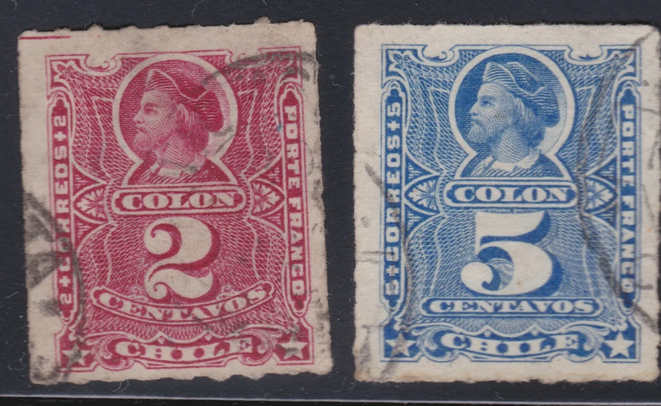 c.1890 CHILE Colón 2 y 5 Centavos Rojo y Azul Foto 1 de 1