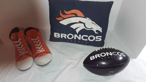Lot of Broncos Memorabilia: Signed  Pillow, Howard Griffith, Football, Slippers Cover